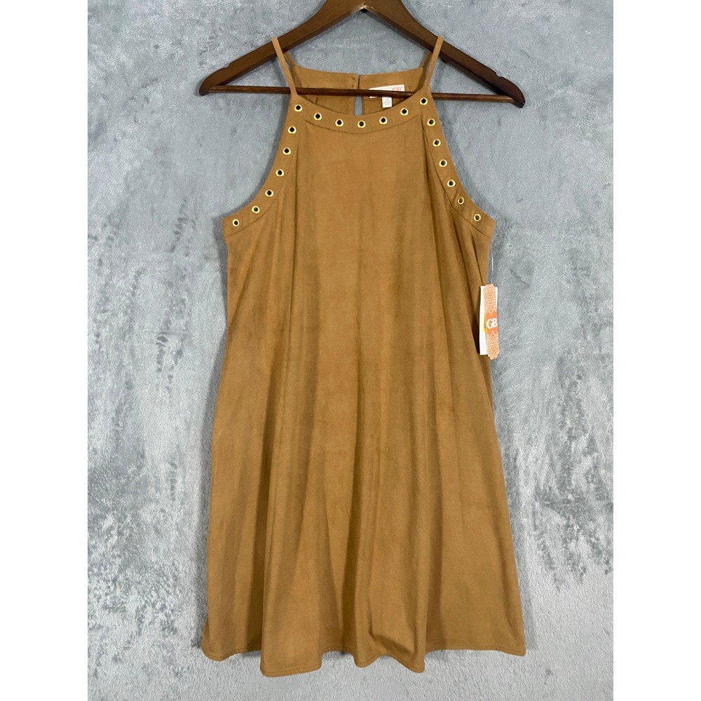 Gianni Bini Faux Suede Mini Shift Halter Dress Sz S Grommet Camel Brown Pockets